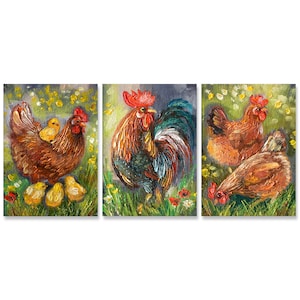 Rooster Painting Hen and Chicken Farm Animals Original Art  2.5 x 3.5" Set of 3 ACEO Cards Miniature Oil Painting by Tanya KuchmiyArt