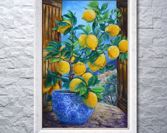 Yellow Lemon Tree Original Oil Painting Still Life. Citrus Art, Italian Oil Painting, OOAK Painting 23.6 by 15.7" by KuchmiyArt