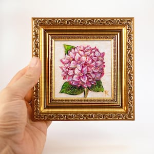 Pink Hydrangea Painting: Framed Floral Impasto Oil Artwork (4&quot;x4&quot;) by KuchmiyArt