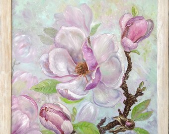 Framed Magnolia Oil Painting: Impressionism Floral Wall Art (20x20) by KuchmiyArt