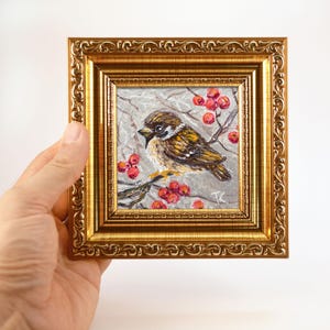 Sparrow Painting: Framed Original Oil Bird Art, 4x4&quot; by KuchmiyArt