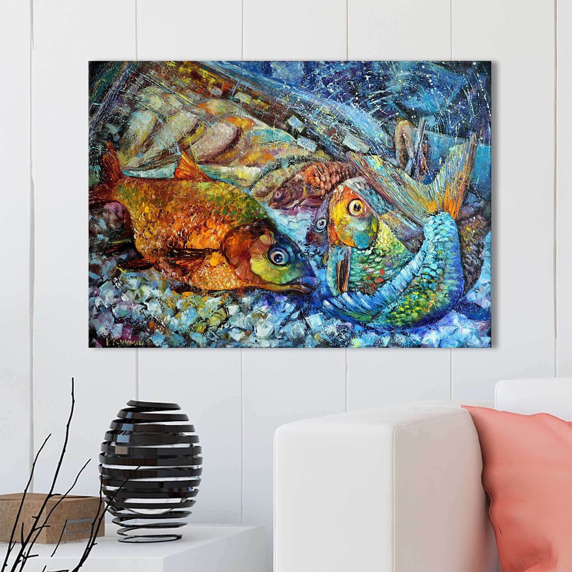 Abstract Fish Painting Original Art Large Colorful Blue Wall Etsy