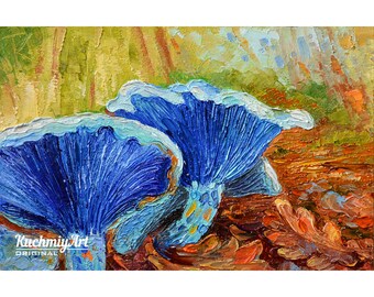 Indigo Milkcap Mushroom Oil Painting: Botanical Wall Art (4x6) by KuchmiyArt
