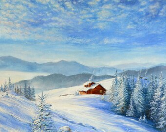 Original Winter Mountain Oil Painting: Carpathian Forest Scene, 20" x 24"