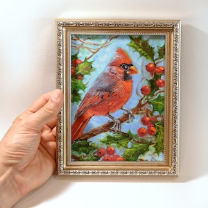 Red Cardinal Painting Hand Painted Bird Original Art 7.9" x 5.9" Framed Small Wall Art  by Tanya KuchmiyArt