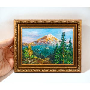 Mountain Rainier Painting Original Art 5” x 7” Washington Landscape National Park Framed Wall Art by Tanya KuchmiyArt