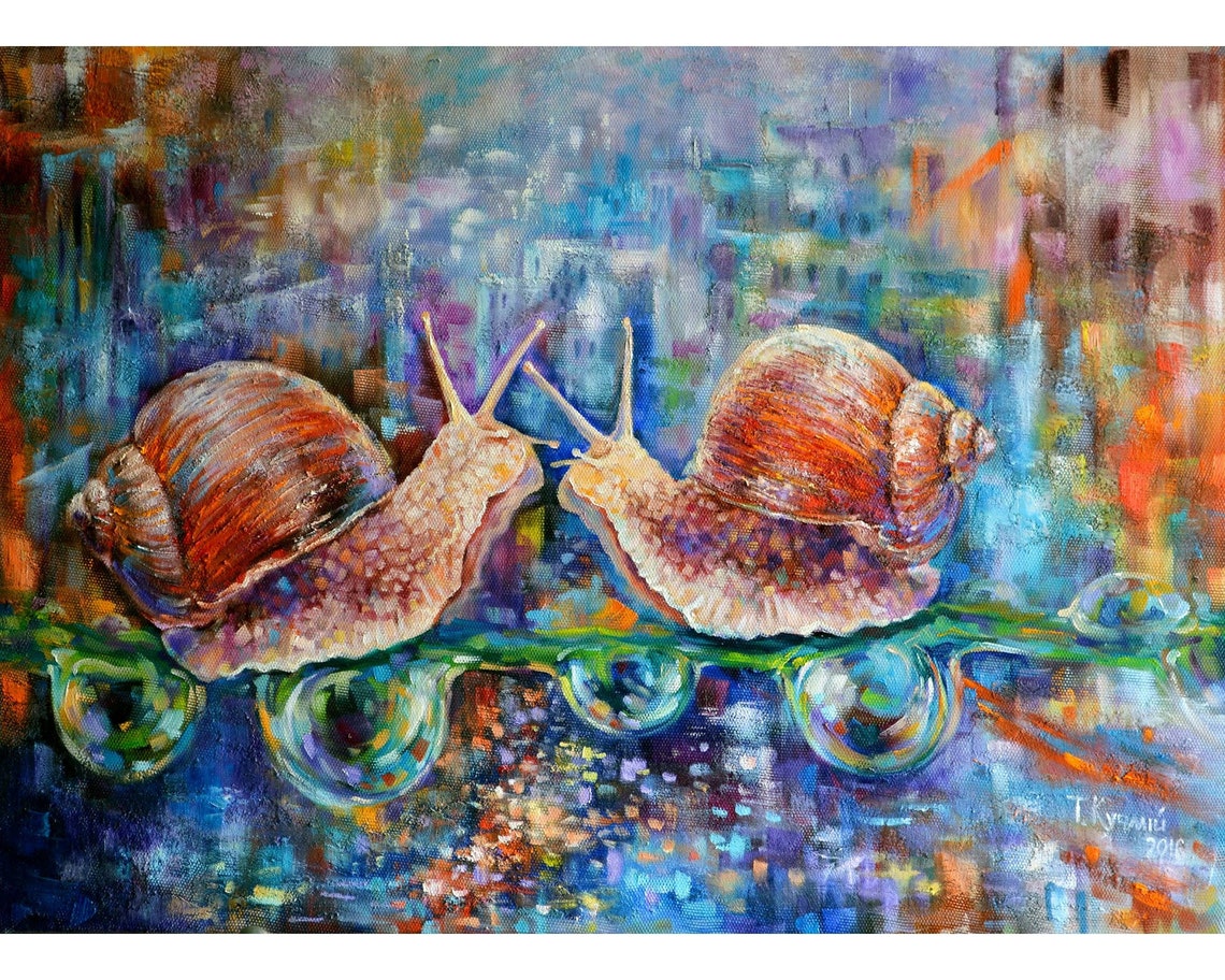 Snails Painting Animal Original Artwork Large Cityscape Etsy