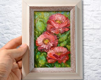 Poppy Painting Original Oil Wildflower Art, Framed (6x4)