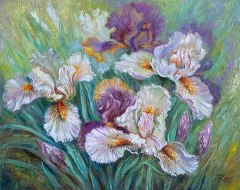 Irises Flowers Oil Painting: Floral Bouquet, Romantic Realism (16x20) by KuchmiyArt