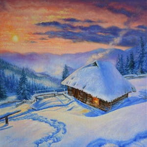Winter Mountain Landscape Oil Painting: Snowy Cabin Art, 16x16&quot; by KuchmiyArt