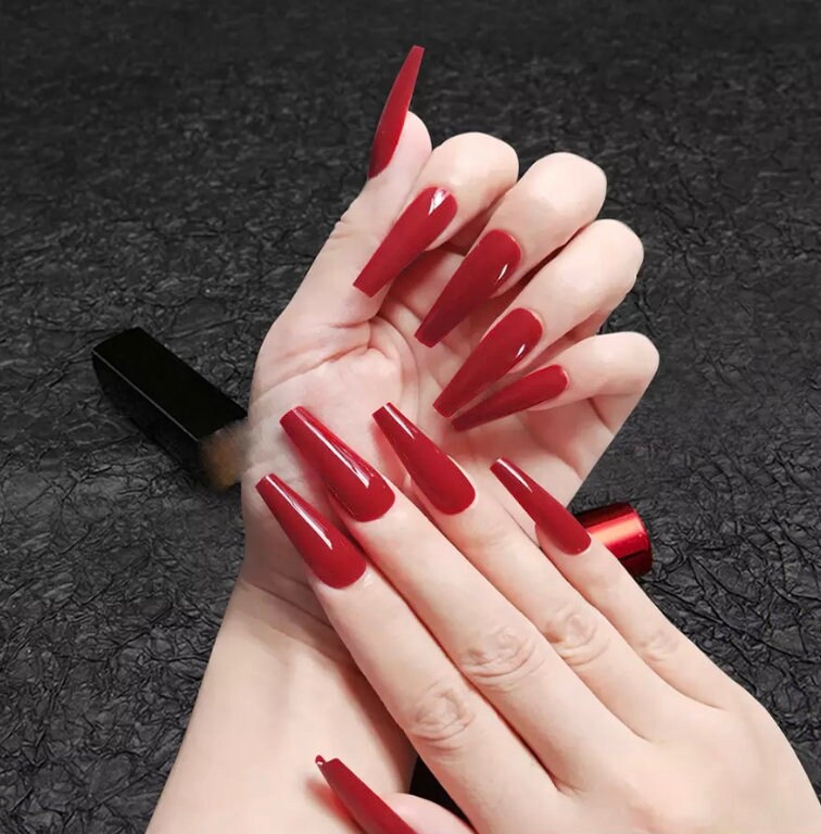 Beautiful Long Red Coffin Shaped False Nails Etsy