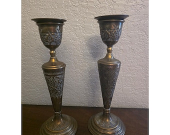 Vintage Brass Etched Sabbath Candlesticks Set of 2 Jewish Judaica Shabbat 9 in