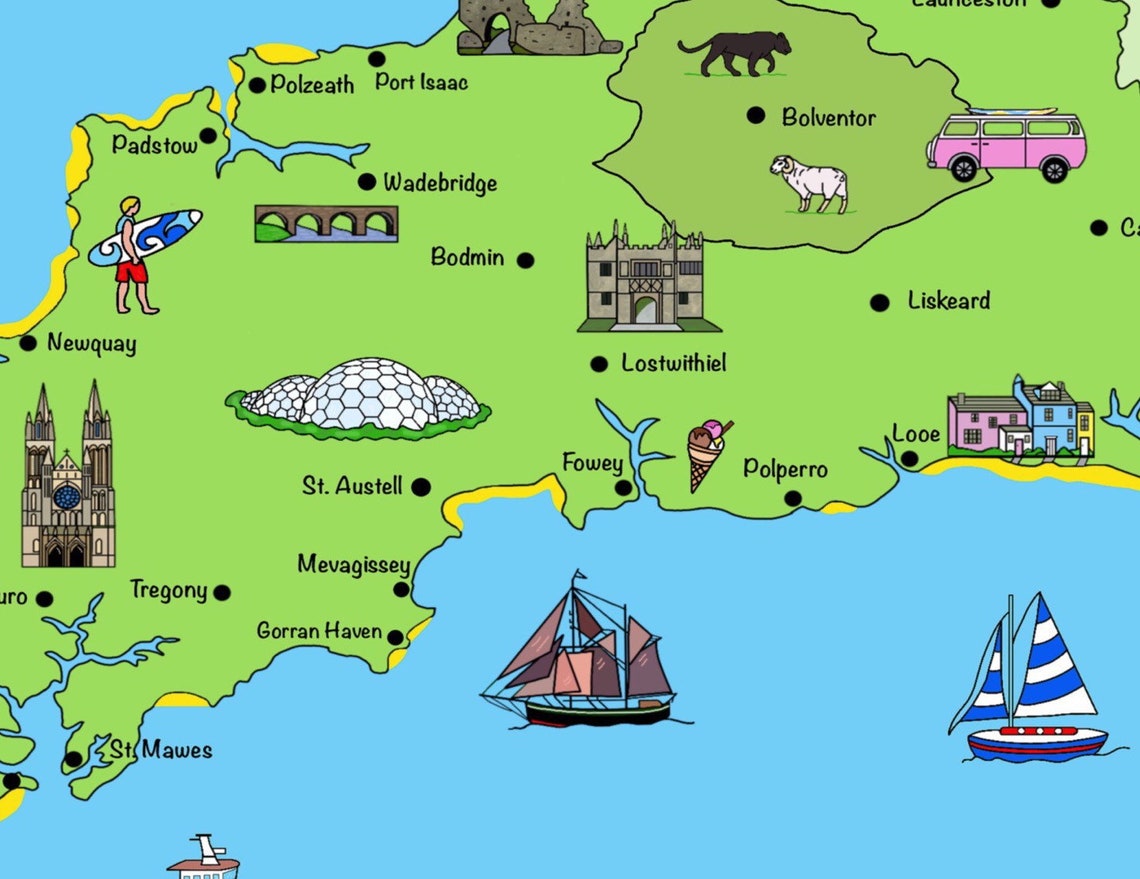 Illustrated map of Cornwall. A4 digitally hand drawn Etsy