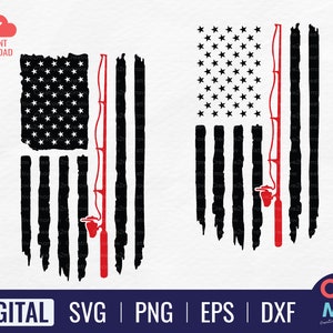 May include: A distressed American flag design with a red fishing rod in the center. The flag is black and white with a red fishing rod.