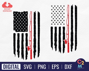 May include: A distressed American flag design with a red fishing rod in the center. The flag is black and white with a red fishing rod.