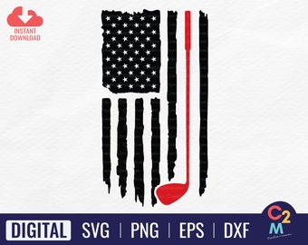 Op de afbeelding: Een zwart-wit ontwerp van een Amerikaanse vlag met een verweerde look, met een rode golfclub in het midden. De vlag is een silhouet met een verweerde look.
