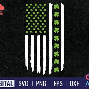 May include: A white distressed American flag with green shamrock designs in the blue field. The flag is a digital download.