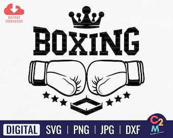 Puede incluir: Ilustración en blanco y negro de guantes de boxeo, una corona y la palabra "BOXING". Hay tres estrellas a cada lado de los guantes.