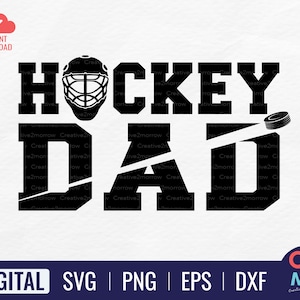 Könnte beinhalten: Schwarzweißes Grafikdesign mit dem Text "HOCKEY DAD" mit einem Hockeyschläger und einem Puck. Das Wort "DAD" ist in der Mitte durch den Hockeyschläger und den Puck geteilt.