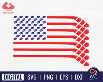 Op de afbeelding: Een rood, wit en blauw Amerikaans vlagontwerp met hockeysticks en pucks. De hockeysticks zijn diagonaal gerangschikt en vormen de strepen van de vlag. De pucks zijn in een raster gerangschikt en vormen de sterren van de vlag.