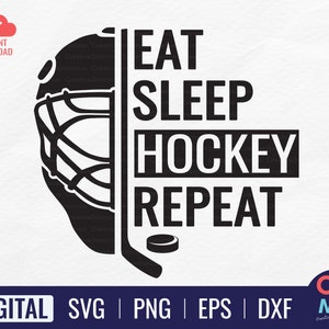 Op de afbeelding: Zwart-wit grafisch ontwerp met een hockeymasker, een stick en een puck met de tekst "Eten Slapen Hockey Herhalen".