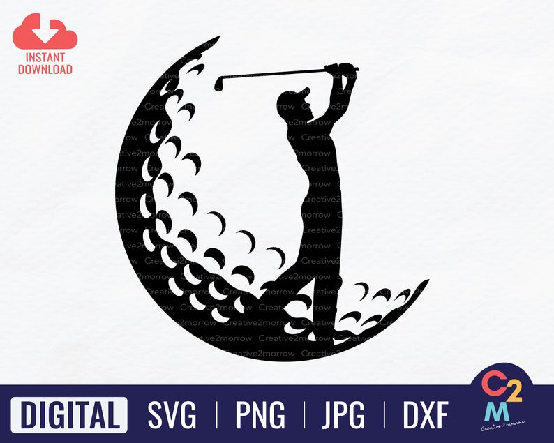 May include: Black silhouette of a golfer swinging a club, with the ball represented by a half circle of golf ball dimples.