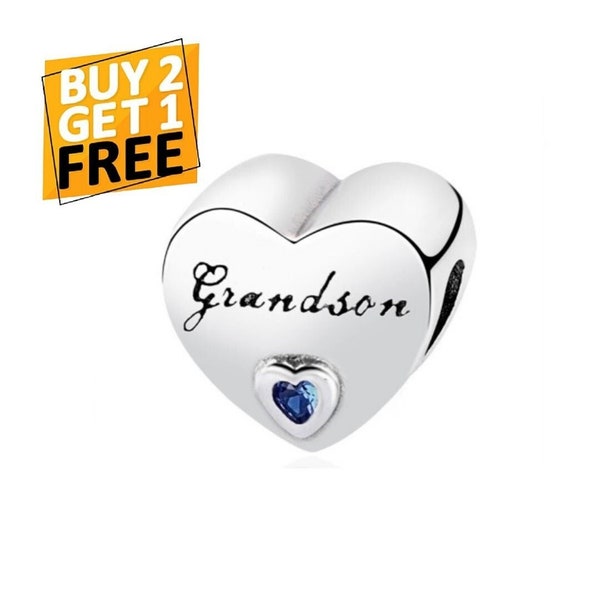 Grandson Charm, S925 Sterling Silver, Blue Cubic Zirconia, Fits Pandora and European Bracelets, Grandson Heart Charm