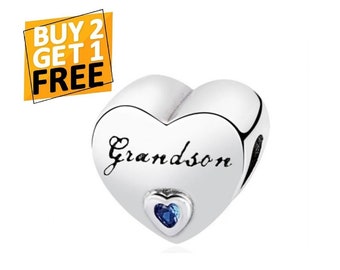 Grandson Charm, S925 Sterling Silver, Blue Cubic Zirconia, Fits Pandora and European Bracelets, Grandson Heart Charm