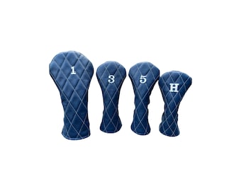 Golf Headcovers in Pebbled Royal Leather Quilted with Ivory Stitching