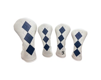 Pebbled White and Royal Blue Leather with Black Stitching Golf Headcovers