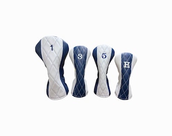 Pebbled Royal and Pebbled White Leather Quilted Golf Headcovers