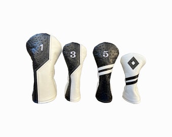 Black Ostrich with Smooth Marshmallow Leather Golf Headcovers
