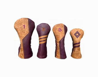 Rustic Ostrich with Pebbled Plum Leather Golf Headcovers