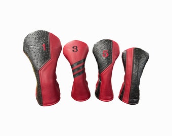 Black Ostrich with Pebbled Crimson Leather Golf Headcovers