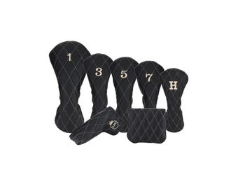 Smooth Charcoal Leather Quilted with Ivory Stitching Golf Headcovers