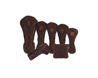 Pebbled Dark Chocolate Leather Quilted with Bourbon Stitching Golf Headcovers