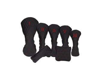Black Leather Quilted with Crimson Stitching Golf Headcovers