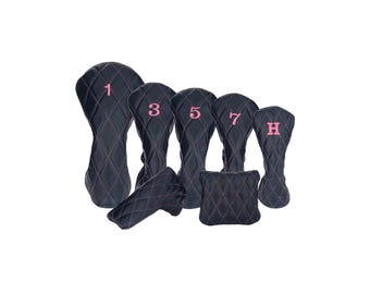 Shiny Navy Leather Quilted with Hot Pink Stitching Golf Headcovers