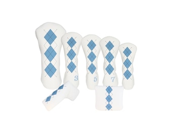 Smooth White and Baby Blue Leather with Navy Stitching Golf Headcovers