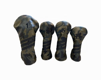 Camo 3 Stripe with Black Leather Golf Headcovers