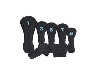 Smooth Charcoal Leather Quilted with Carolina Blue Stitching Golf Headcovers