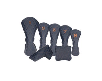 Matte Navy Leather Quilted with Bourbon Stitching Golf Headcovers