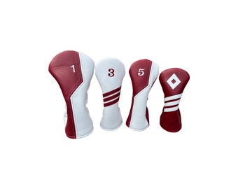 Golf Headcovers in Pebbled Crimson with Pebbled White Leather