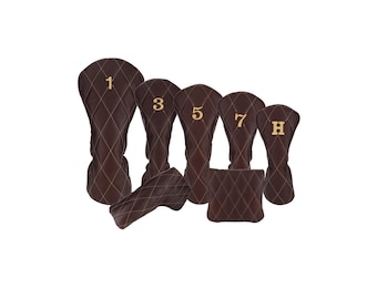 Pebbled Dark Chocolate Leather Quilted with Gold Stitching Golf Headcovers