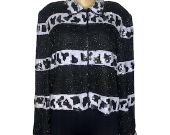 Giacca corta vintage anni '80 J.M.C. con paillettes e perline bianche e nere.