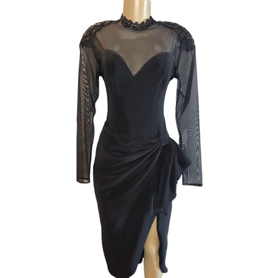 betsy and adam black cocktail dress Vintage 80s & Semi Sheer Embellished Midi Crafted from sleek scuba Dress Length:REGULAR - 5'3