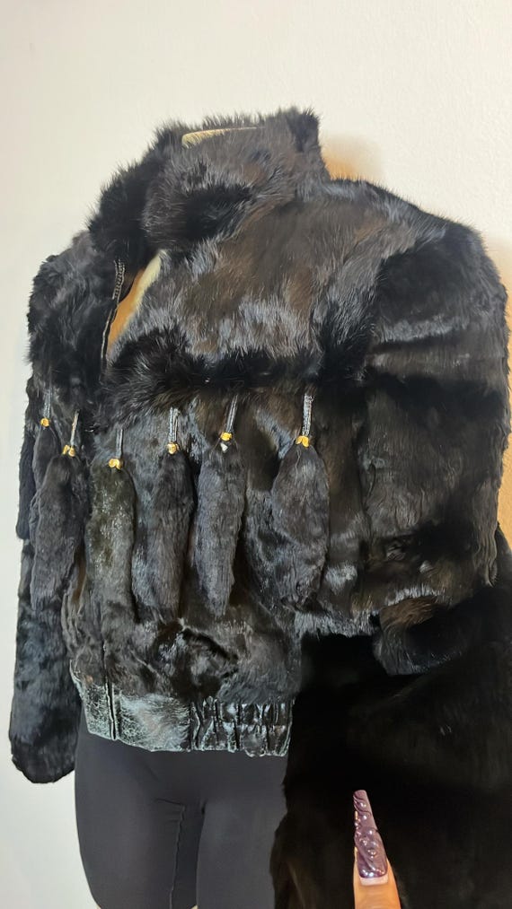 ヴィンテージ ブラック ラビットファー＆レザー クロップドコート