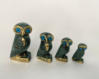 Set Owls of Athena, Greek Symbol of Wisdom , Metal Art Sculpture, Athena, Animals, Bronze Statue