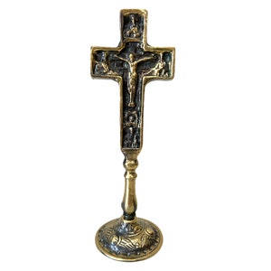 Bronze Metal Cross with Crucifix, Vintage Orthodox Cross, Standing Table Cross, Metal Art Sculpture, Handmade in Greece