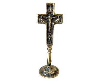 Bronze Metal Cross with Crucifix, Vintage Orthodox Cross, Standing Table Cross, Metal Art Sculpture, Handmade in Greece
